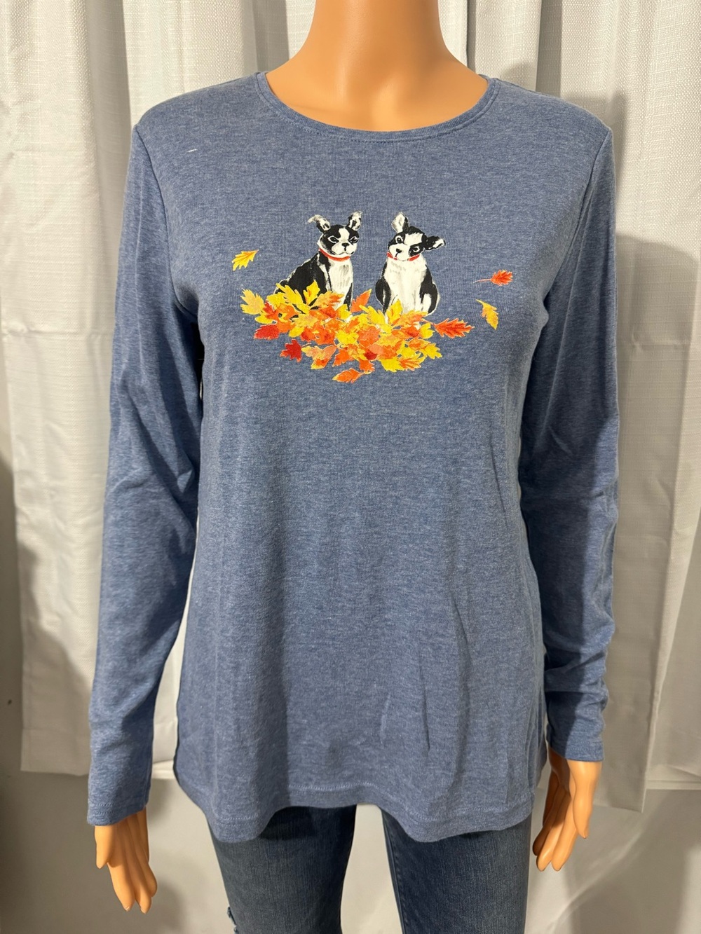 Cute Croft & Barrow size S blue Boston Terrier fall leaves long sleeve shirt new